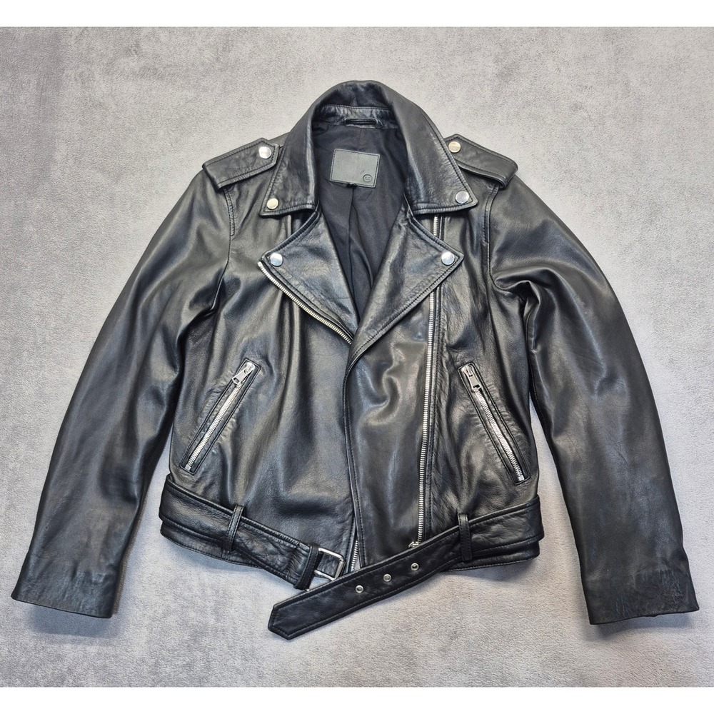 AG Adriano Goldschmied Black Leather Moto Jacket Belted Biker Womens XS CA00985